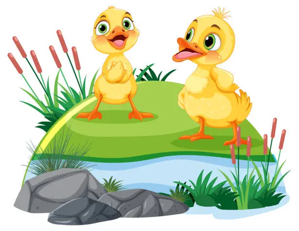 Vector illustration of Cute Ducks in the Pond