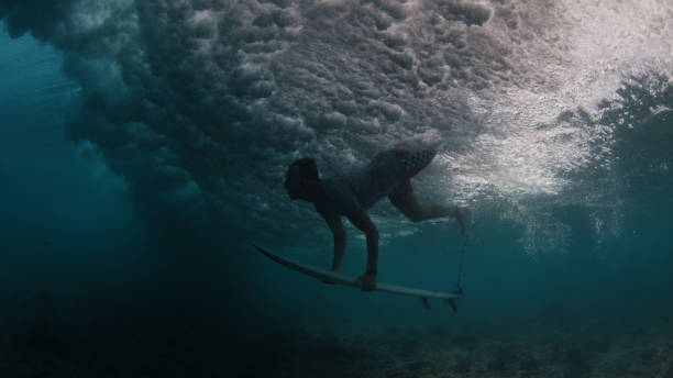 surfer nurkuje z kaczką, aby przejść falę - przeniesienie na dół zdjęcia i obrazy z banku zdjęć