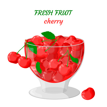 Cherry berries with green leaves in a glass container. The concept of healthy eating. Ripe berries. Fruit picking. Vector illustration in a flat style.