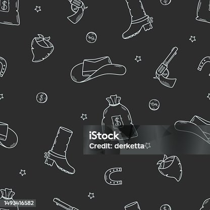 istock Seamless pattern wild west set of vector illustrations. Cowboy western elements icon. hat, neckerchief, boots, horseshoe, bag and money, pistol. 1493416582