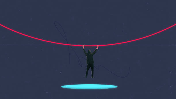 istock Contemporary art collage with office worker levitating and trying do not fall to abyss over dark mode background. Concept of burning out, lack of support 1493419129