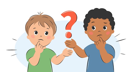 Children ponder the question. Cartoon characters boys for children design. Knowledge and education concept. Vector illustration