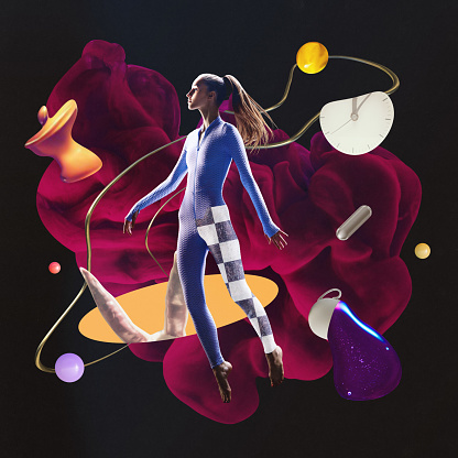 Beautiful futuristic space woman, girl in bodysuit levitating over dark mode background with abstract shapes. Cyberpunk female character. Concept of contemporary art, futurism, ad, creative design