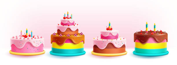 ilustraciones, imágenes clip art, dibujos animados e iconos de stock de pasteles de cumpleaños conjunto diseño vectorial. colección de pastel de cumpleaños con sabor colorido y delicioso. - pastel de cumpleaños