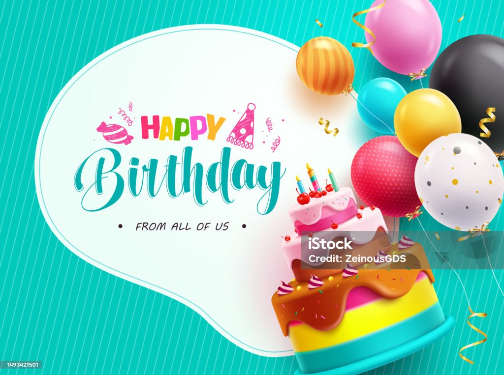 Happy birthday text vector template. Happy birthday greeting with cake and balloon elements. - Royalty-free Verjaardag vectorkunst Happy birthday text vector template. Happy birthday greeting with cake and balloon elements. - Royalty-free Verjaardag vectorkunst
