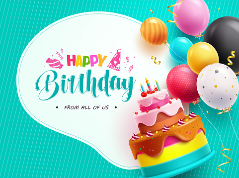 Happy birthday text vector template. Happy birthday greeting with cake and balloon elements. Vector illustration invitation card design.
