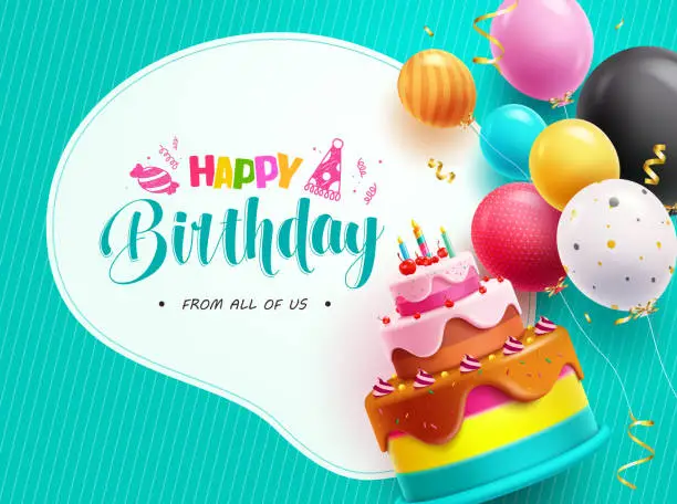 Vector illustration of Happy birthday text vector template. Happy birthday greeting with cake and balloon elements.