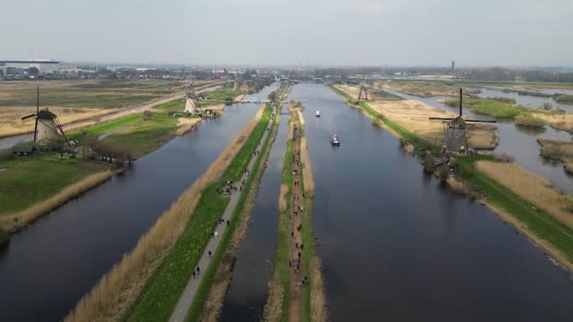 Drone view of Kinderdijk historic windmills in Netherlands