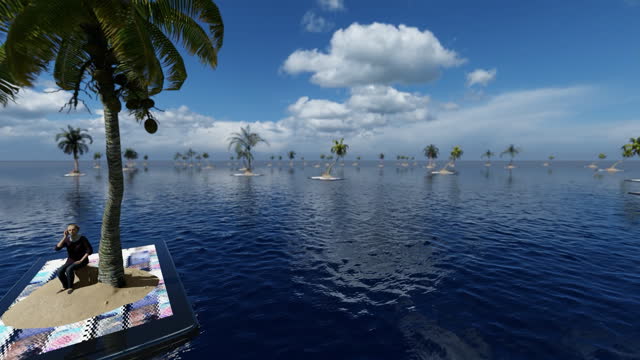 Isolated people sitting on mobile phone island, stranded in a virtual world