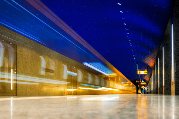 Blurred motion of arriving subway at station Hamburg Hafencity