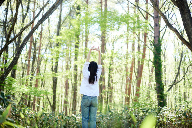 istock Japanese woman relaxing at forest 1493425539
