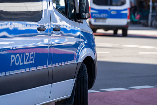 Police cars in front of the police station, town of Vénissieux, Rhône department, France