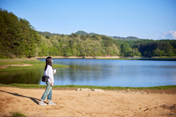 Japanese woman relaxing at forest