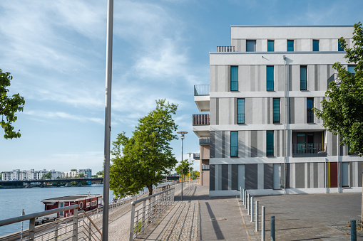 view on promenade in modern residential district in the Wasserstadt in Berlin at sunny day