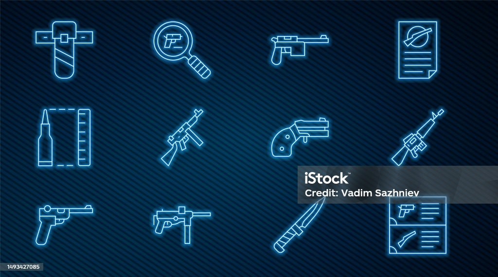 Set Line Weapon Catalog M16a1 Rifle Mauser Gun Tommy Bullet Knife