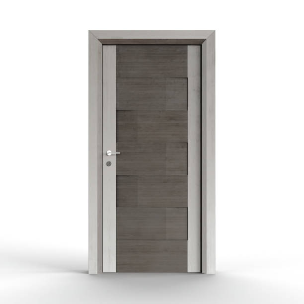 istock 3D rendering of a modern front door isolated on a white background. 1493428047