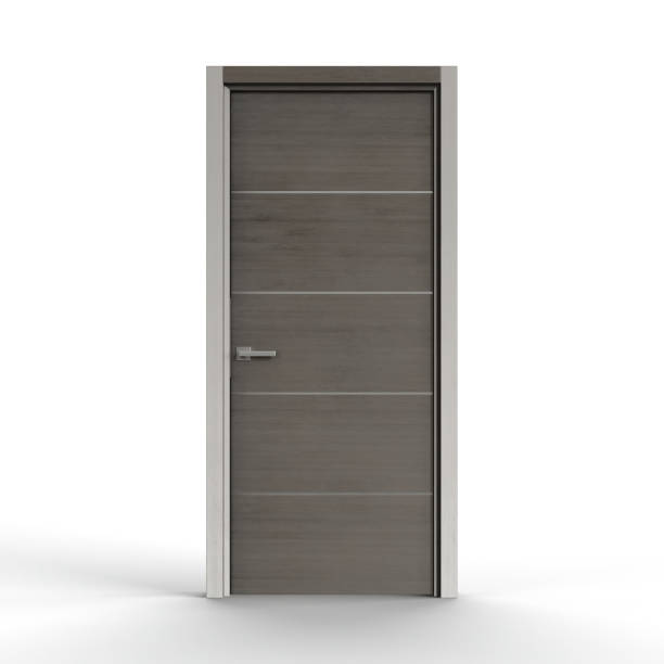 istock 3D rendering of a modern front door isolated on a white background. 1493428053