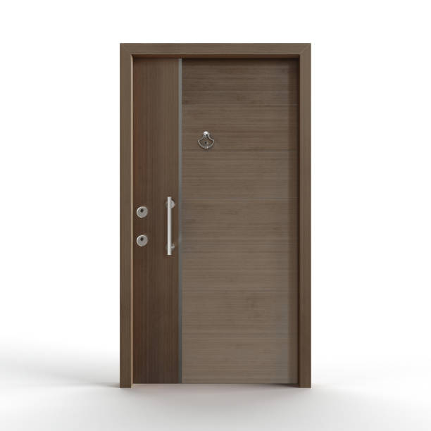 istock 3D rendering of a modern front door isolated on a white background. 1493428056