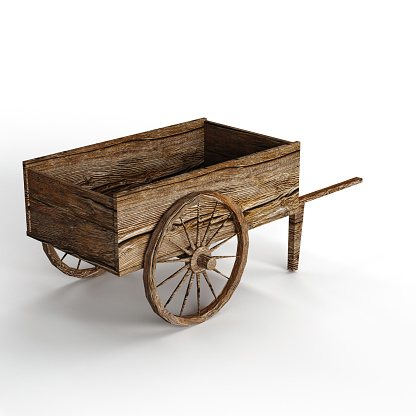 A 3D rendering of a wooden cart against a crisp white background.