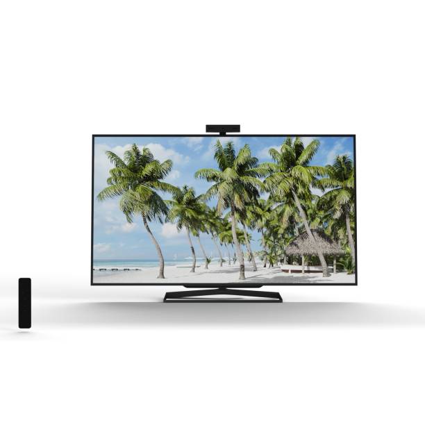 istock 3D rendering of a TV and a remote control isolated on a white background. 1493428098