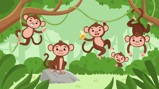 Cute monkeys in jungle vector concept. Tropical and exotic animals with banana on branches. Fauna and wild life, animal reserve. Biology and zoology. Natural landscape. Cartoon flat illustration