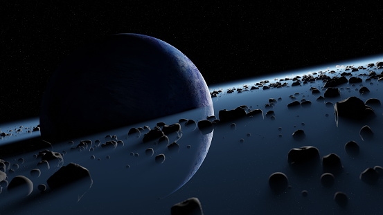 Planet Pandora surrounded asteroid belt, rings wreckage of destroyed planet. Blue protoplanet in black cosmos space of universe. 3d render