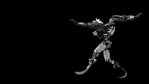 robots dancing, disco cyborgs, flower in head, synchronous movement, background for music, 3d render