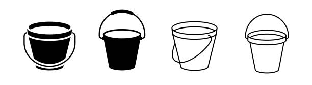 Set of 4 bucket icon flat glyph style and outlined editable stroke, clipart design template Bucket icon set of 4, design element, editable stroke and solid glyph, flat, stylist, design template bucket stock illustrations