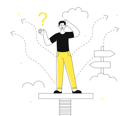 Correct decision chosing concept. Man stands on platform in front of road signs and chooses direction. Career and ambition, decision making. Confused young guy. Linear flat vector illustration