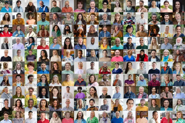 A 10x15 Collage of 150 unique individual faces, including people from a wide range of ethnicities, ages, abilities and backgrounds, they are all from different walks of life.