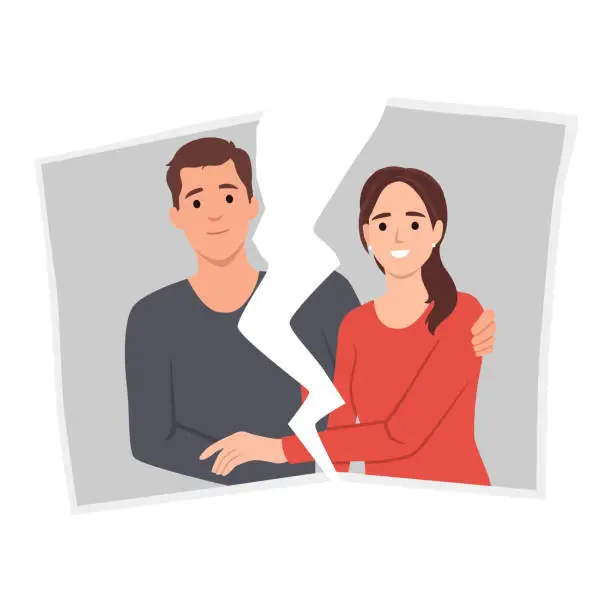 Vector illustration of Couple conflict concept. Woman crying hand ripping photo of the couple vector illustration. portrait of happy spouses or picture with family memories.