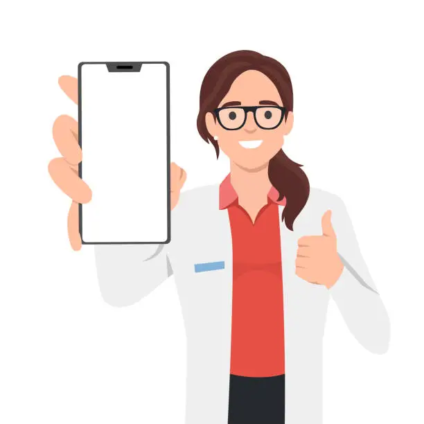 Vector illustration of Beautiful doctor or nurse holding and showing blank phone screen and showing thumb up. Digital payment