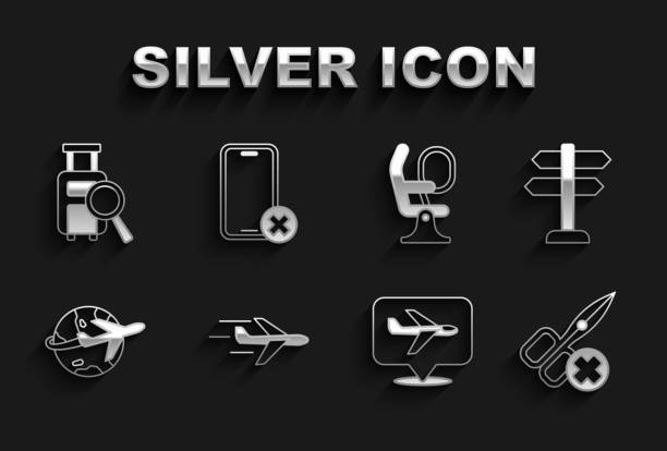 stockillustraties, clipart, cartoons en iconen met set plane, road traffic sign, no scissors, globe with flying plane, airplane seat, lost baggage and cell phone icon. vector - lost phone