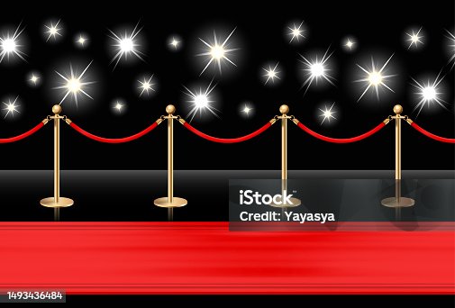 istock Red carpet on the floor and golden barriers with sparkling spotlights. Realistic isolated fence with rope on black background. Vector illustration. 1493436484