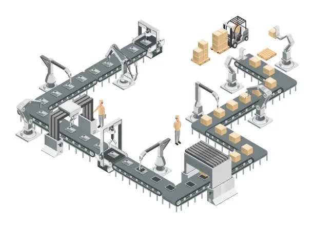 Vector illustration of Robotic assembly line in an automated factory. Conveyor system and robotic arms. Isometric vector illustration.