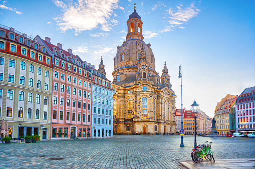 The Frauenkirche (Church of Our Lady) at Neumarkt square at sunrise in Dresden, Germany