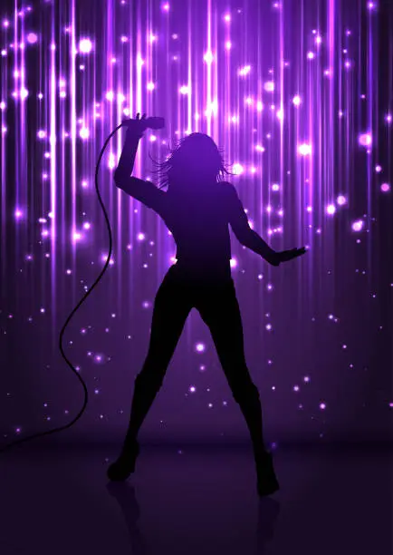 Vector illustration of Abstract sparkle background with silhouette of a female singer