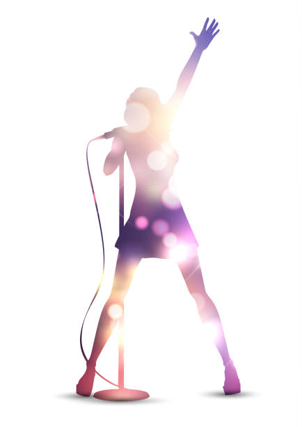 illustrazioni stock, clip art, cartoni animati e icone di tendenza di siluetta di una cantante femminile con il disegno delle luci bokeh - cantante