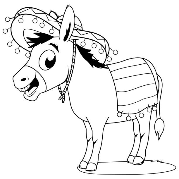 Mexican donkey with sombrero. Vector black and white coloring page. Cartoon Mexican donkey with a sombrero. Vector black and white coloring page. mexican mule stock illustrations