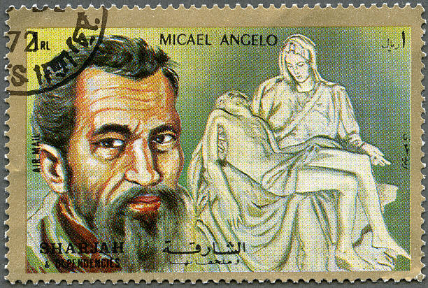 Postage stamp Shiarjah & Dependencies 1972 shows Michelangelo (1475-1564) Postage stamp printed in Shiarjah & Dependencies shows Michelangelo (1475-1564), circa 1972 pieta stock pictures, royalty-free photos & images