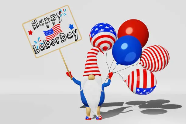 United States Labor Day gnome in hat with signboard balloons 3D render banner. National workers day USA flag festive party scrensaver design. Scandinavian character american laborer patriotic symbolic