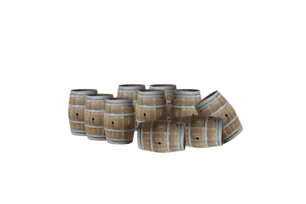 白い背景に木の樽の3dレンダリング。 - oak barrel ストックフォトと画像