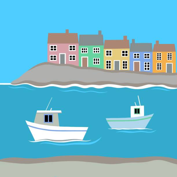 Painted seaside cottages Illustration of a terrace of colourful seaside cottages. The image of a harbour also contains cliffs, turquoise sea and bright blue sky. There are fishing boats in the foreground. The pretty painted houses are reminiscent of those found at the UK seaside in places such as Tenby, Portree, Tobermory,  and Brighton. Bright coloured paint is often seen on cottages throughout Devon and Cornwall on holiday. Further afield colourful buildings can be found in Italy in the Cinque Terre region, as well as other Italian towns including Positano, Capri, Ravello, Portofino, and Sorrento.  Lisbon and Porto also have colourful buildings. All placed for an idyllic Mediterranean holiday. Denmark is also famous for its painted buildings full of colour. Stock illustration of painted houses. spezia stock illustrations