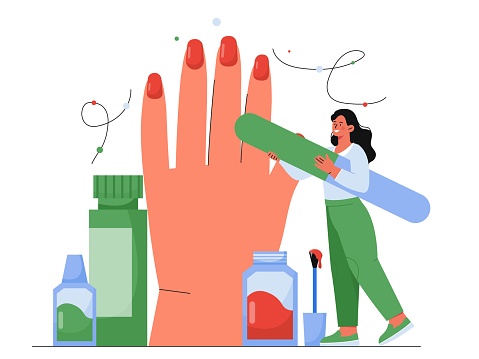 Manicurist with nailfile. Woman standing near her hand with varnish for painting. Aesthetics and elegance. Beauty salon with procedures. Pedicure and nail art. Cartoon flat vector illustration