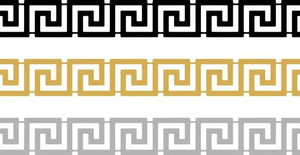 Vector illustration of Seamless meander or Maze border vector in black, gold and silver. Isolated background.