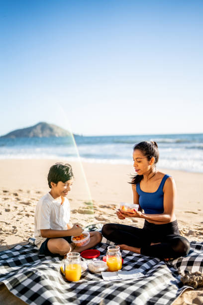 istock Mother and son having a picnic on the beach 1493445740