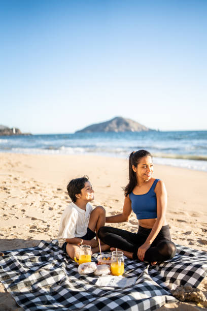 istock Mother and son having a picnic on the beach 1493446405
