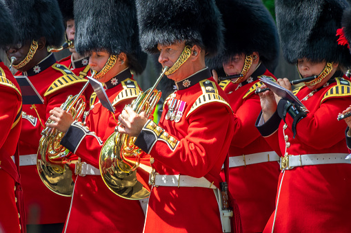 Armed soldiers using bearskin are forming in the front yard at Buckingham Palace, London, England. This picture was taken from outside the palace during the changing ot The Queen's Guard, the infantry soldiers charged with guarding the official royal residences in the United Kingdom. A bearskin is a tall fur cap, usually worn as part of a ceremonial military uniform.