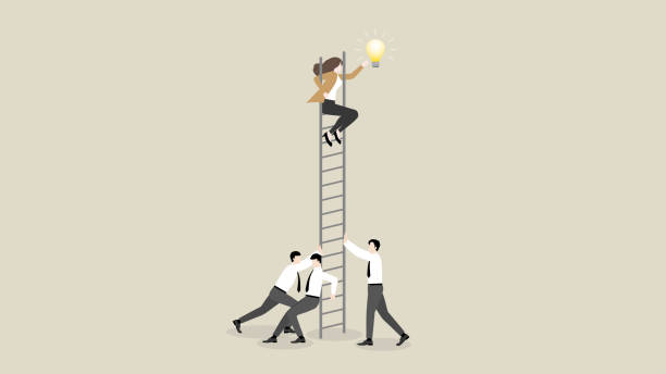 istock A businesswoman sits on a ladder and grabs a light bulb with a support team. Business challenge, motivation, opportunity, investment, ambition, intention, reach target, goal, idea and success concept. 1493447140
