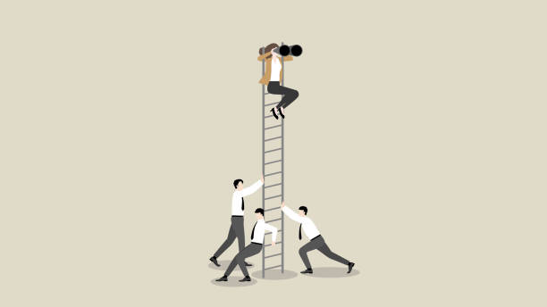 istock Searching for success. A visionary businesswoman uses binoculars on a  ladder with a supporting team. Business opportunity, challenge, motivation, investment, ambition, intention, and vision concept. 1493447173